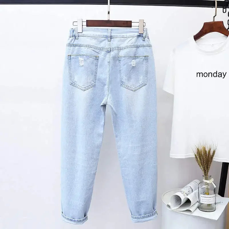 4XL 5XL Plus Size Jeans Woman High Waist Denim Trousers Loose Hole Ripped Jeans For Women Washed Summer Autumn Jean Femme C7419 - Matrix-studios.com