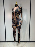 Sexy Long Sleeves Print Rhinestone Jumpsuits Drag Queen Show Stage Performance Costume Women Evening Party Nightclub Rompers - Matrix Studios