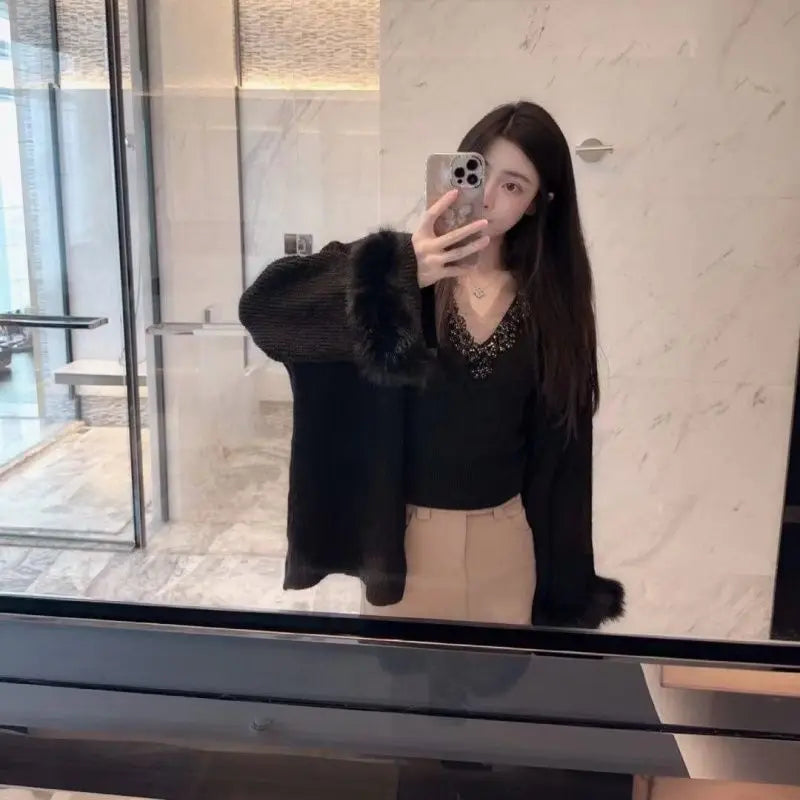 Heavy Diamond V-neck Sexy Slim Fit Knitted Vest+ Autumn Winter Long Sleeve Cardigan Coat Women 2026 New Two Piece Sets - Matrix Studios