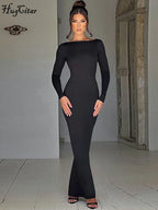 Hugcitar Spring Elegant Long Sleeve Backless Solid Cuched Sexy Bodycon Maxi Prom Dress Women Outfit Evening Party Festival Y2K - Matrix-studios.com
