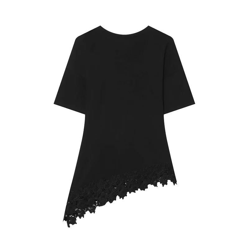 MUJER Asymmetric Lace T Shirts Woman Short Sleeve Polo Women T-shirts Summer Casual Tops for Women Holiday Funny Women's T-shirt - Matrix-studios.com