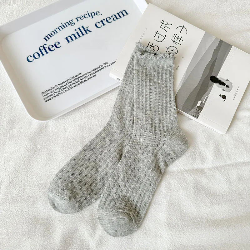 5 Pairs/Lot Women Hollow Mesh Tube Socks Ear Fungus Edge Socks Ins Trendy Spring Summer Loose Mouth Thin Style Girls Pile Socks - Matrix Studios