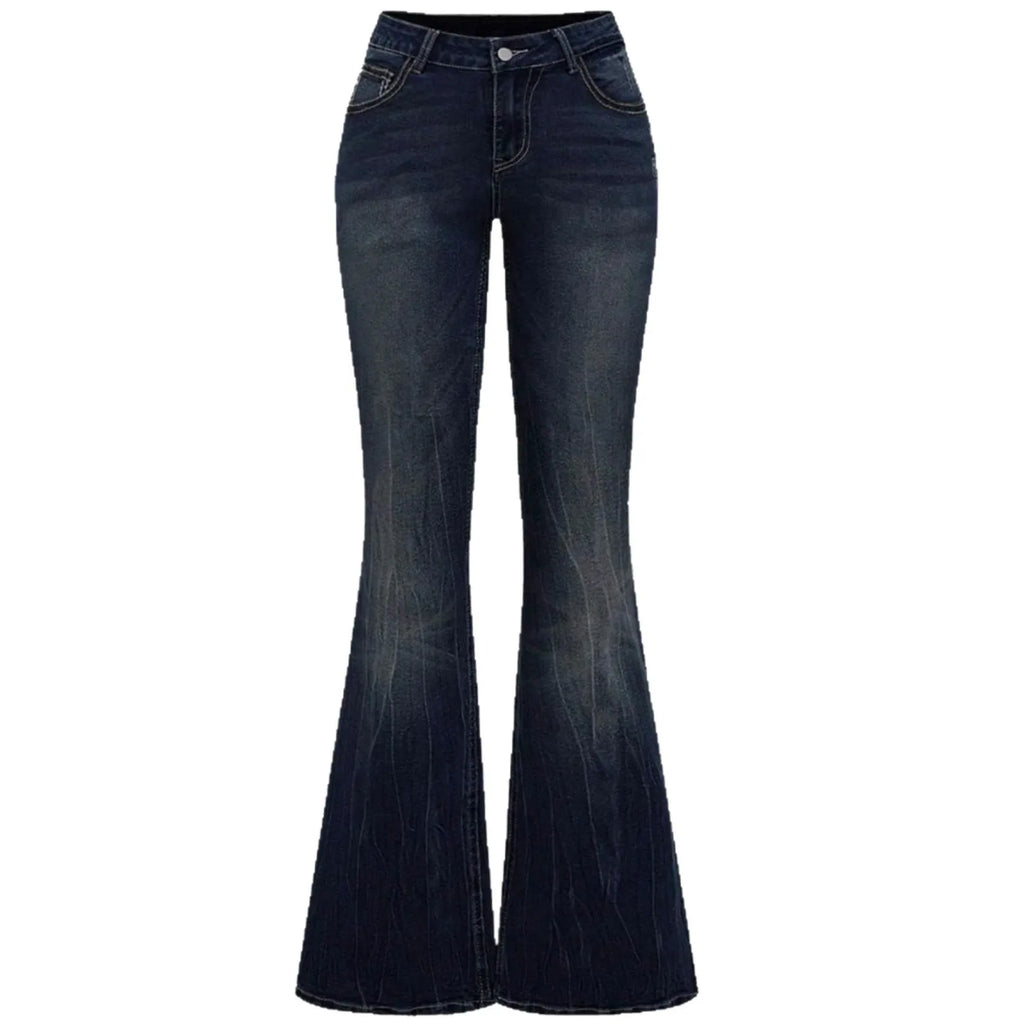 Jeans Flare Pants Women Vintage Boot Cut Embroidery Pockets Rhinestone Washed Female Distressed Denims Trousers Streetwear - Matrix-studios.com