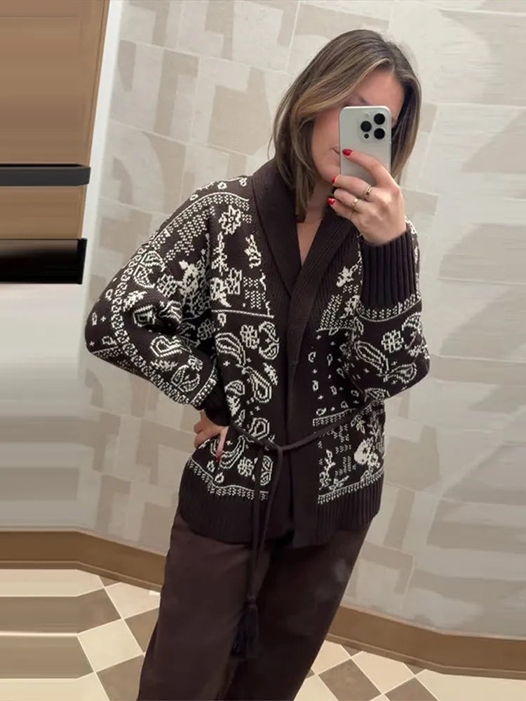 Jacquard Cardigan Women V-Neck Tie Waist Cardigans Long Sleeve Knit Sweater Waist Cuff Casual Autumn Fashion Trendy Streetwear - Matrix Studios