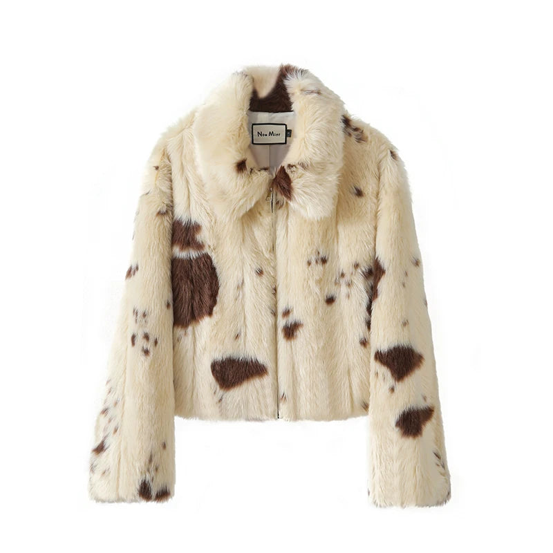 Neo Mint Chic Street Girls Cow Print Fur Coat Women 2025 Winter New Brand Fashion Warm Faux Fur Jacket Autumn Iconic Streetwear - Matrix Studios