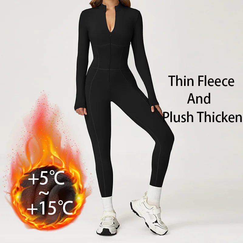 Winter Warm Fleece Sports Jumpsuits Fitness Suits Women's Sportswear Zipper Long Sleeves Tops One-Piece Dance Bodysuit Female - Matrix Studios