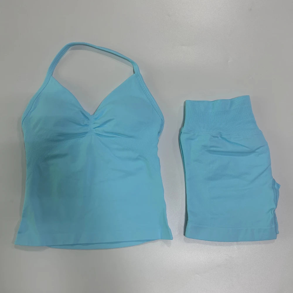 No Logo 2Pcs Gym Set Women Backless Tank Tops High Waist Scrunch Seamless Shorts Gym Suit Fitness Clothes Activewear Workout Set - Matrix-studios.com
