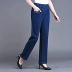 Middle aged elderly Women's Jeans Embroidered Pockets Elastic waist Mom Pants Casual Denim Straight leg Trousers 2025 New Spring - Matrix-studios.com