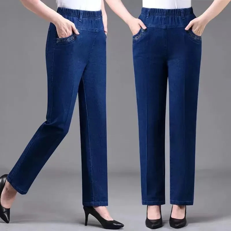 Middle aged elderly Women's Jeans Embroidered Pockets Elastic waist Mom Pants Casual Denim Straight leg Trousers 2025 New Spring - Matrix-studios.com