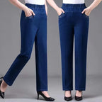 Middle aged elderly Women's Jeans Embroidered Pockets Elastic waist Mom Pants Casual Denim Straight leg Trousers 2025 New Spring - Matrix-studios.com