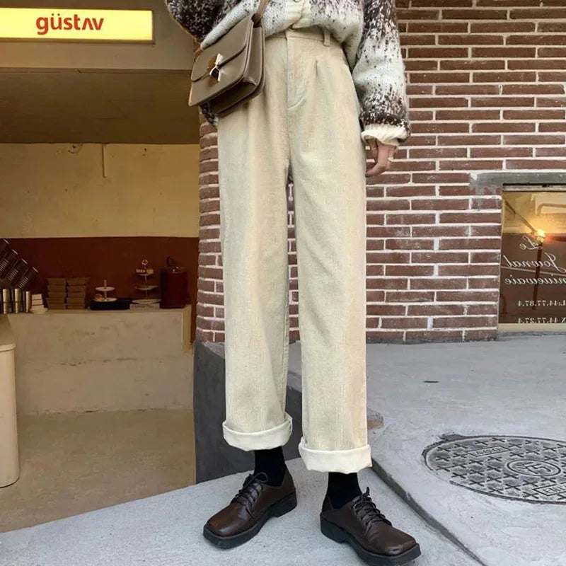 Vintage Corduroy Wide Leg Pants Women High Waist Pockets Baggy Trousers Streetwear Korean All Match Black Casual Straight Pants