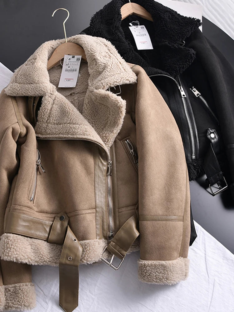 Ailegogo Winter Women Thick Warm Suede Lamb Jacket Short Motorcycle Brown Coats Faux Shearling Sheepskin Leather Jackets Outwear - Matrix Studios