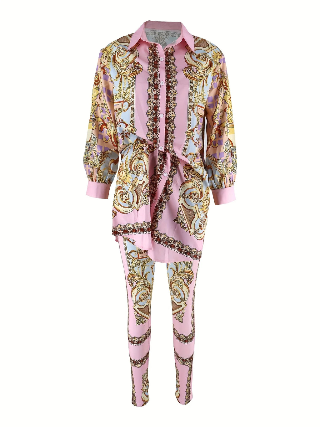 Women 2 Piece Set Ornate Print Long Sleeve Button Shirt Top Pants Outfit Elegant Casual Vacation Matching Set - Matrix-studios.com