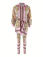 Women 2 Piece Set Ornate Print Long Sleeve Button Shirt Top Pants Outfit Elegant Casual Vacation Matching Set - Matrix-studios.com