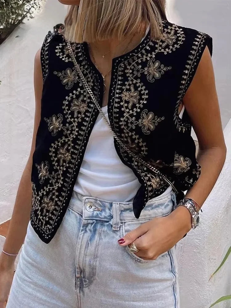 Vintage Autumn Velvet Embroidered Vest Sleeveless Jacket Women V Neck Chic Waistcoats Female Fashion Vests Coat 2023 - Matrix Studios