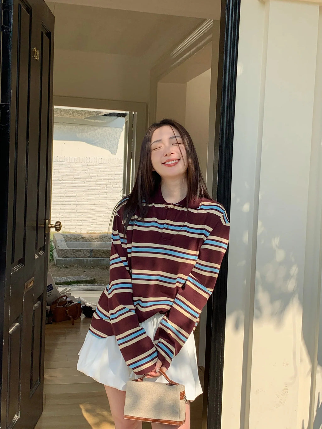 Summer Polo Shirts Woman Long Sleeve Crop Top Color Block Green Stripe Print Polo Shirts Mujer Casual Tops Striped Brown Autumn - Matrix-studios.com