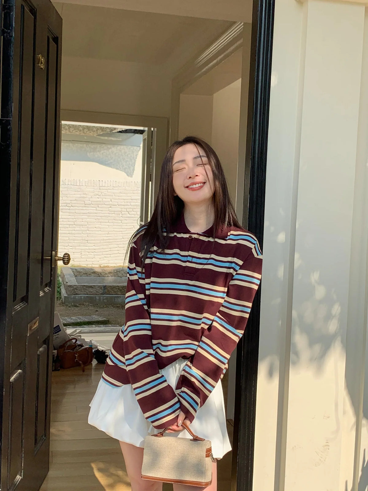 Summer Polo Shirts Woman Long Sleeve Crop Top Color Block Green Stripe Print Polo Shirts Mujer Casual Tops Striped Brown Autumn - Matrix-studios.com