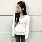 Karrram Japanese Y2k V-neck White Sweater Vintage Harajuku Knit Slim Pullover Korean Style Fall Winter Knitwear 2000s Aesthetics - Matrix Studios