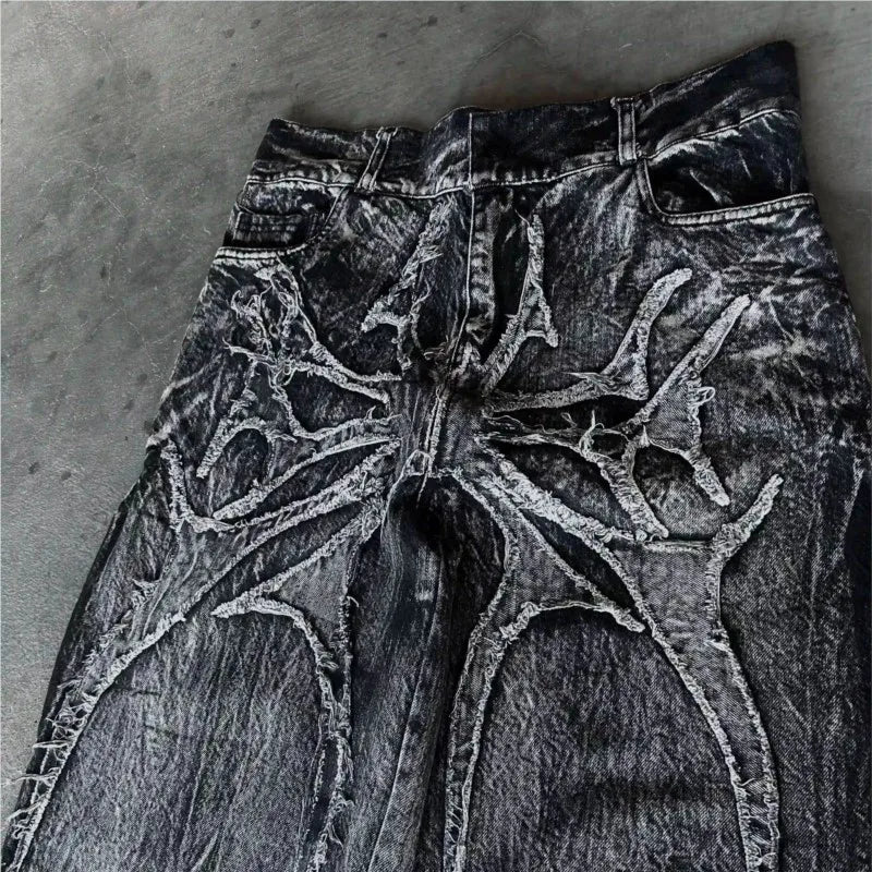 Gothic Retro Baggy Unisex Mopping Pants Y2K Phantom Jeans High Street Spider Embroidered Patch Hip Hop Streetwear Straight Jeans - Matrix Studios
