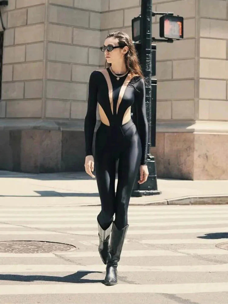 Huhugirl Sexy Mesh Patchwork Rompers Women Jumpsuits Fashion O Neck Long Sleeve Skinny Black Jumpsuits Female One Piece Overalls - Matrix Studios