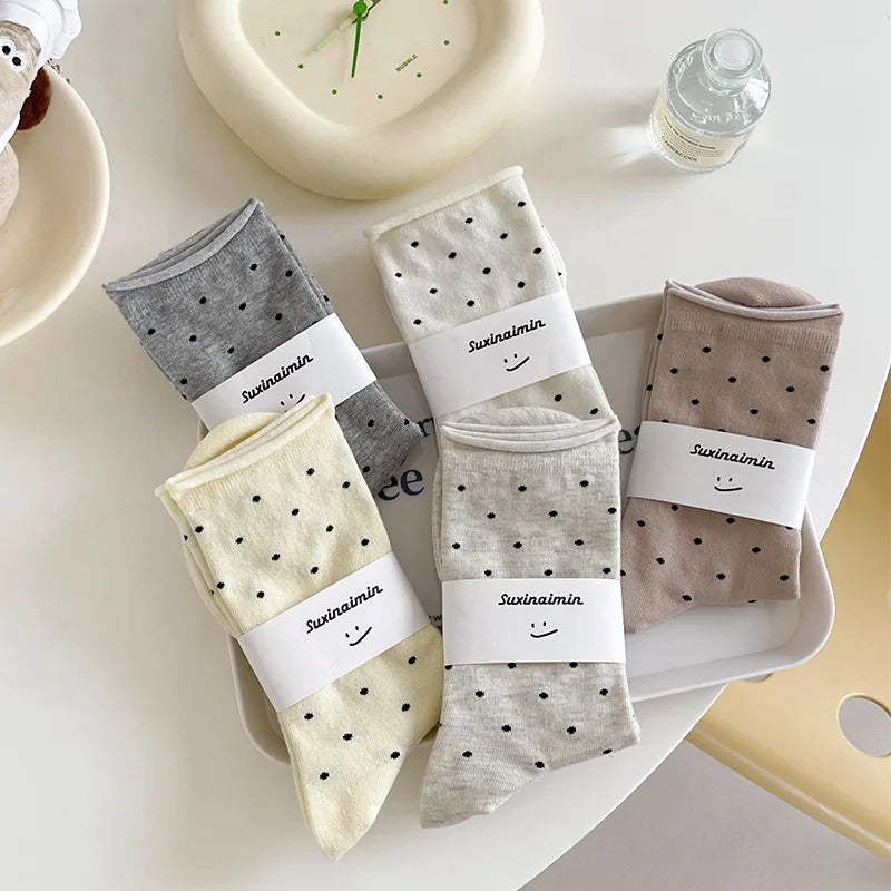 Women's spring summer thin vintage cream curled-edge women's socks polka dot mid-tube socks artistic socks women - Matrix Studios