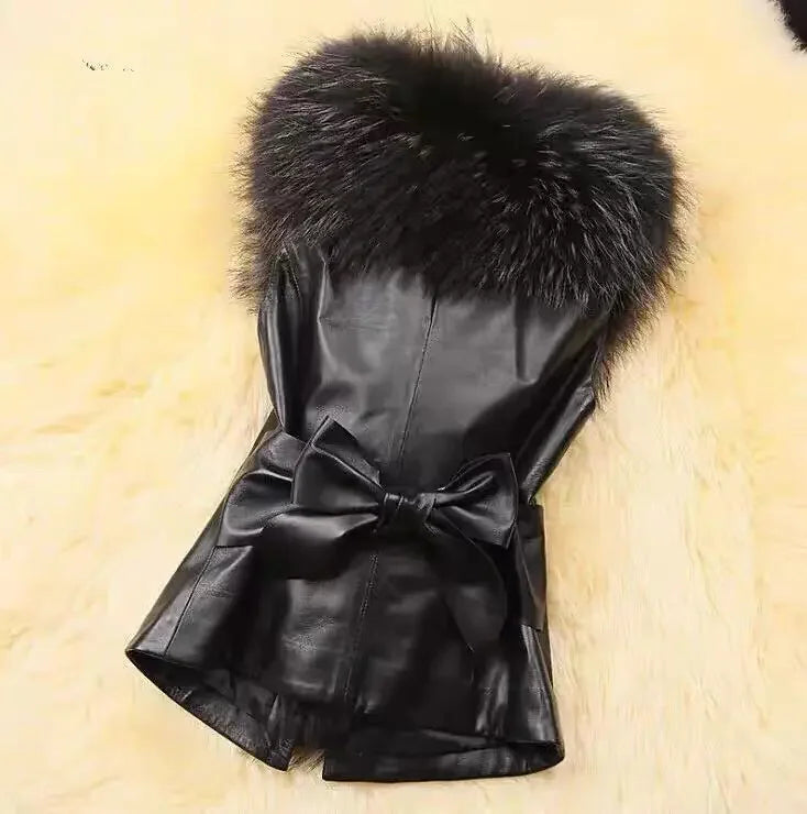 Women Leather Jacket Fur Collar Stitching Simulation Leather Oversized Raccoon Autumn Winter Solid Color Sleeveless Vest Coat - Matrix Studios