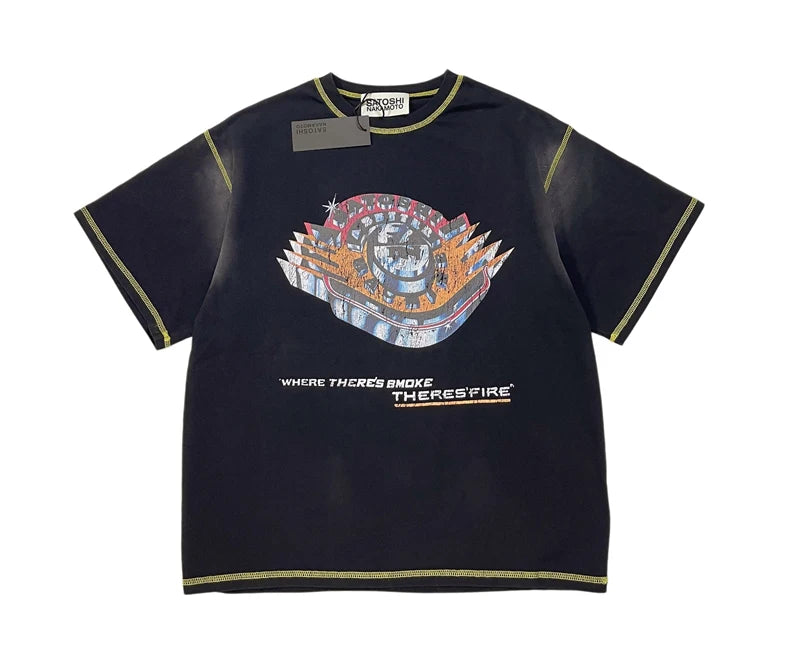 American High Street Washable Distressed Black SATOSHI Tshirts Stitch Patchwork Short Sleeves Men Women Casual Round Neck Tops - Matrix-studios.com