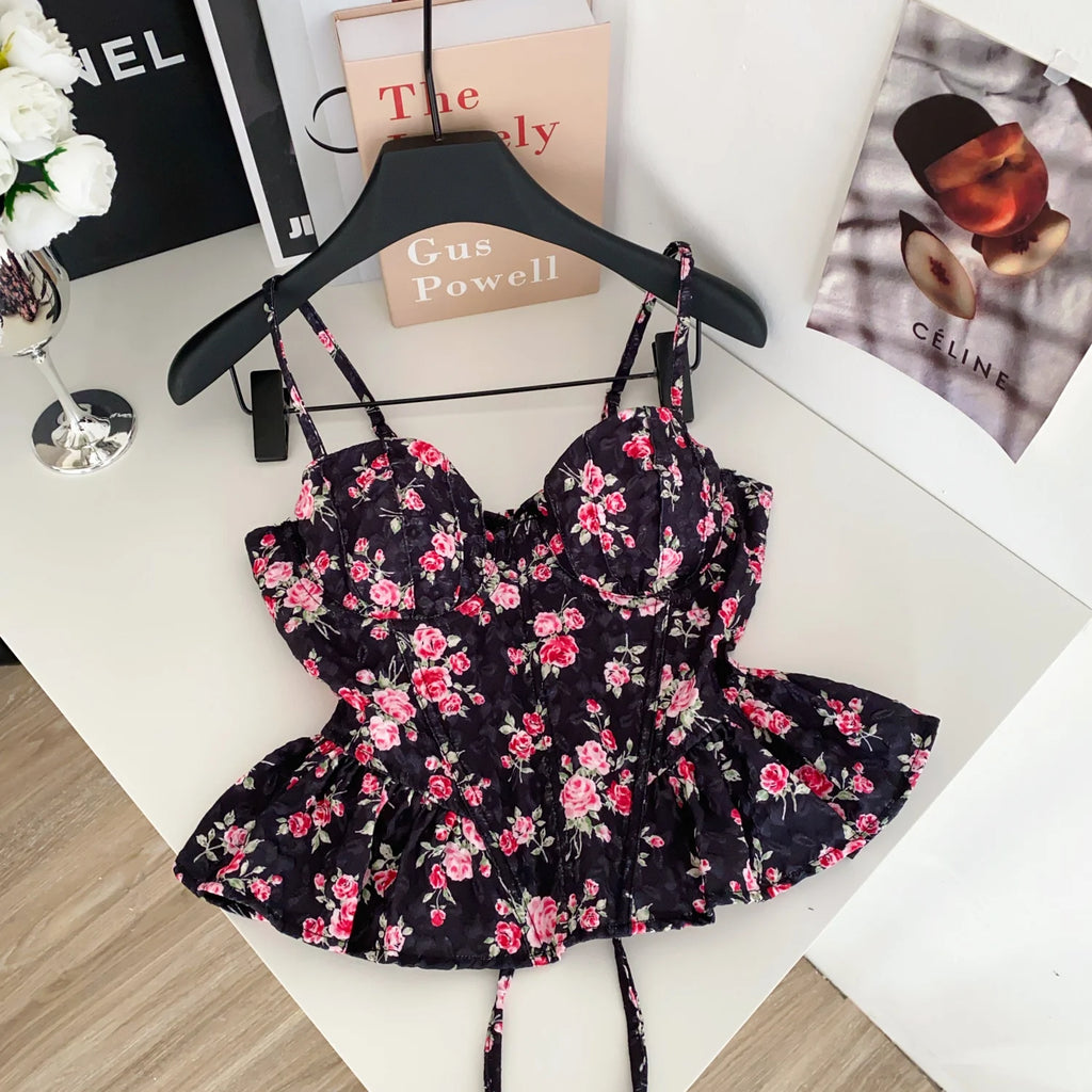 Sexy Slim  Corset ruffle print Chic Korean Camis Tank Top Basic Fashion Off Shoulder Summer Women Clothing - Matrix-studios.com