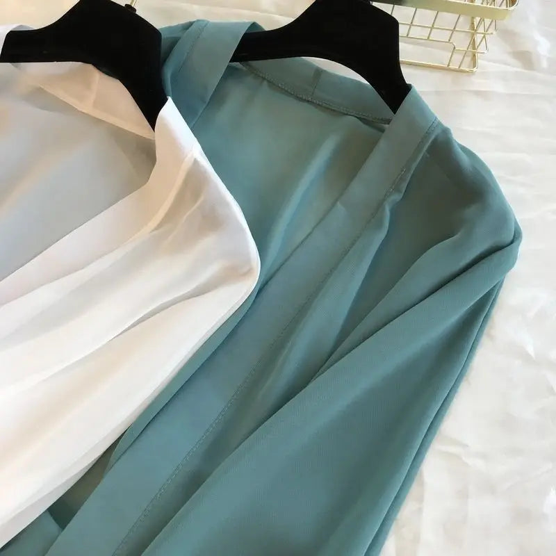 Beach Vacation Summer Women Long Cover-Ups Korean Fashion Casual New Loose Sunscreen Shawl Oversized Solid Chiffon Cardigan Tops - Matrix Studios