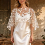 hirigin Women Floral Lace Tulle Cape Short Wedding Shawl Bell Sleeve Sheer Mesh Bolero Cover Up Bridal Evening Party Prom Shrug - Matrix Studios