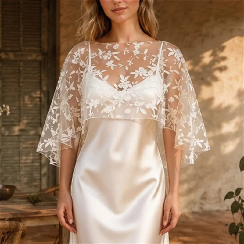 hirigin Women Floral Lace Tulle Cape Short Wedding Shawl Bell Sleeve Sheer Mesh Bolero Cover Up Bridal Evening Party Prom Shrug - Matrix Studios