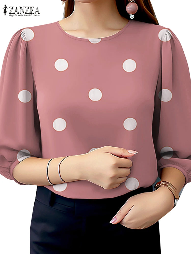 2025 Summer Polka Dots Printed Blouse ZANZEA Elegant Women Shirt Casual O-Neck 3/4 Sleeve Holiday Tops Fashion OL Work Blusas - Matrix-studios.com