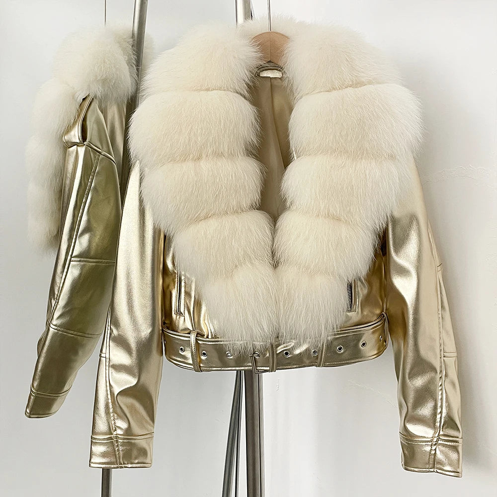 Fake Leather Coat New Natural Fox Fur Autumn Short Faux Leather Jacket Female Spring PU Women Long Sleeve Real Fur Coat Thin - Matrix Studios