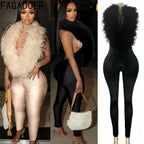 FAGADOER Winter New Sexy Fur Patchwork Bodycon Jumpsuits Woman Halter Deep V-neck Sleeveless Rompers Female Streetwear Overalls - Matrix Studios