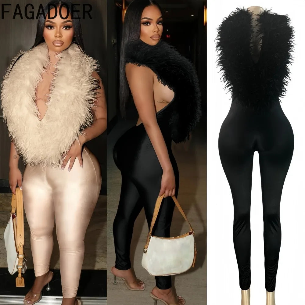 FAGADOER Winter New Sexy Fur Patchwork Bodycon Jumpsuits Woman Halter Deep V-neck Sleeveless Rompers Female Streetwear Overalls - Matrix Studios