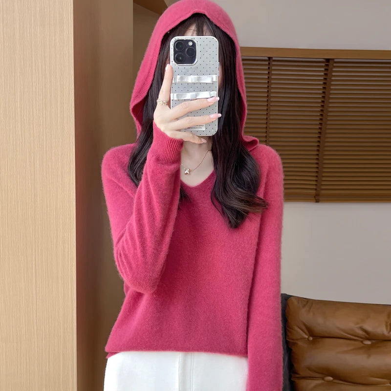 Women Autumn Winter Clothing Hooded Collar Pullover 100% Merino Wool Sweater New Fashion Cashmere Tops Bottoming Knitwear Soft - Matrix Studios