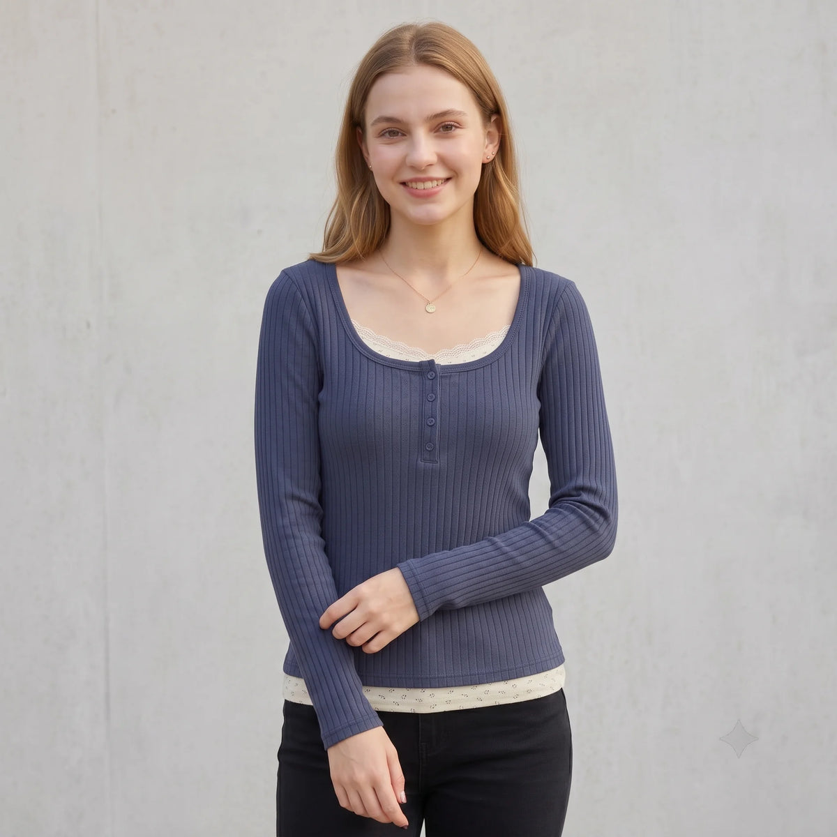 Women Vintage Faux Two-Piece Lace Patchwork T-Shirt Ribbed Knit Long Sleeve Top Square Neck Button Slim Y2K Casual Fall Tee - Matrix-studios.com