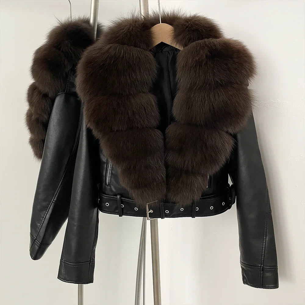 Fake Leather Coat New Natural Fox Fur Autumn Short Faux Leather Jacket Female Spring PU Women Long Sleeve Real Fur Coat Thin - Matrix Studios