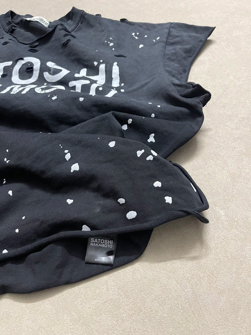 Heavy-duty Destruction Washed Black Irregular Ink Splashing SATOSHI Sleeveless T-shirt Men Women Stacked Vest Hiphop Streetwear - Matrix-studios.com