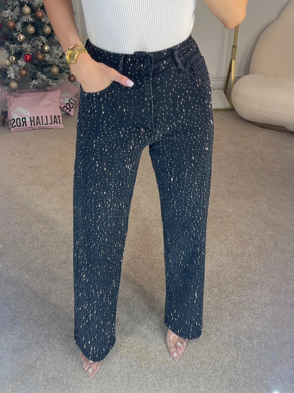Straight Jeans for Women Diamonds Pants Stretch High Waist Washed Distressed Pockets Vintage Denims Streetwear Female Trousers - Matrix-studios.com