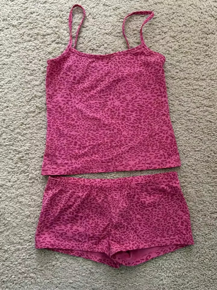 Strawberry Vest Shorts 2 Pieces Set Woman Eyelet Bow Slim Tank Top with Elastic Waist Patchwork Straight Short Pant Sweet Sets - Matrix-studios.com