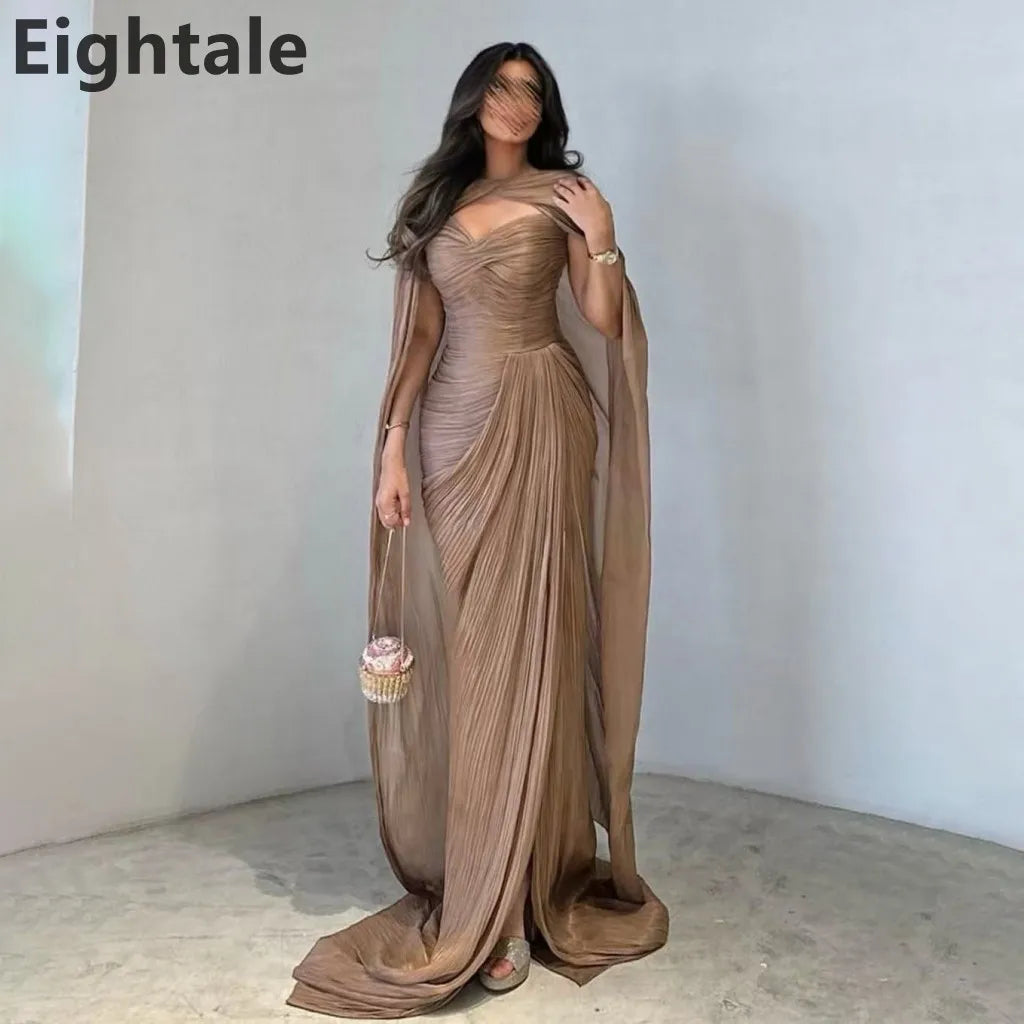 Eightale 2025 Brown Mermaid Maxi Evening Dress With Cape For Wedding Party Formal Prom Dress Dubai Party Gown Customized - Matrix Studios