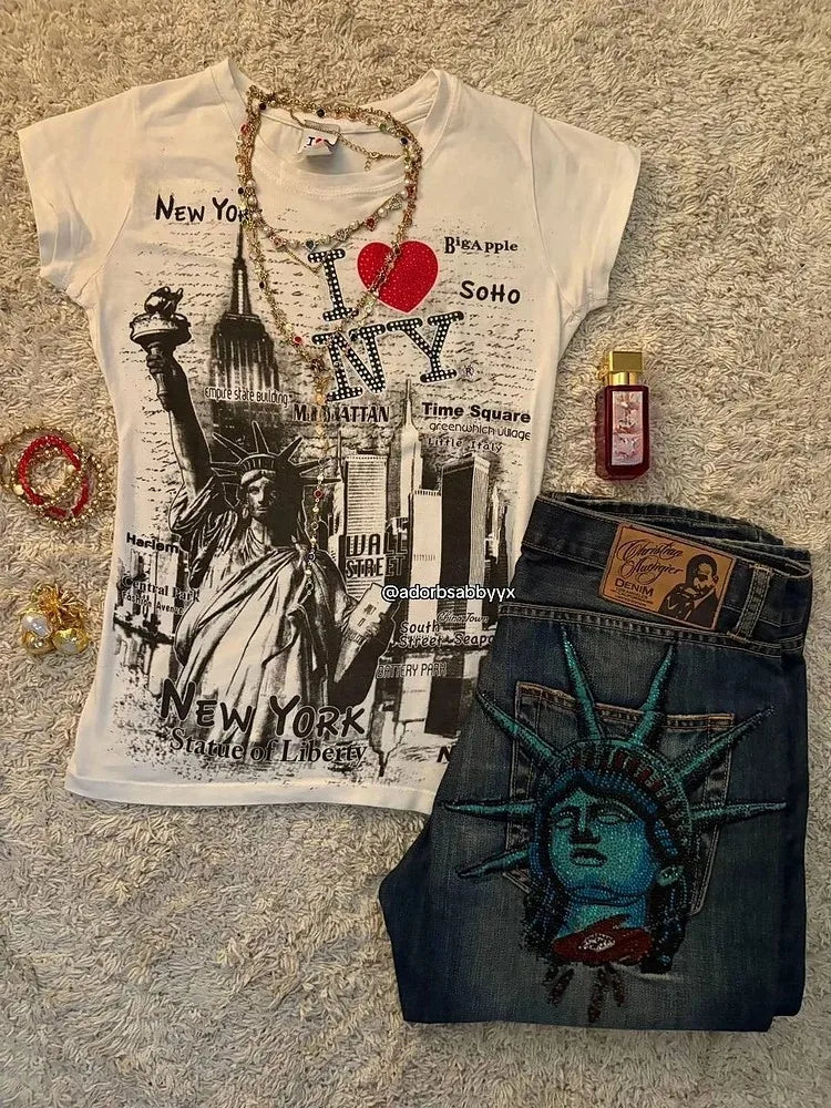 Vintage 2000s Statue of Liberty Jeans High Waisted Baggy Straight Denim Pant Streetwear Jean Hot Stamp Diamond Studded Y2k Pants - Matrix-studios.com