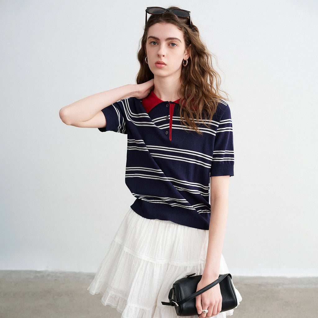 TOYOUTH Women Intellectual Striped Polo Shirt 2026 Spring New Lyocell Linen Breathable Comfort Knit Top - Matrix-studios.com