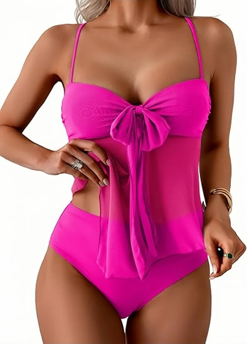 Women Solid Front Bow Chiffon Bikinis Set 2 Piece Tankini Swimsuit Strapless Bandeau Spaghetti Strap High Cut Beach Swimwear - Matrix-studios.com