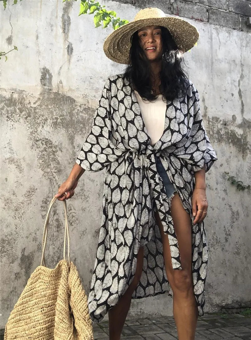 Women Plus Size Long Cover up Bikini Coverups Kimono Tie Front Bathing Suit Swimsuit Beachwear - Matrix Studios