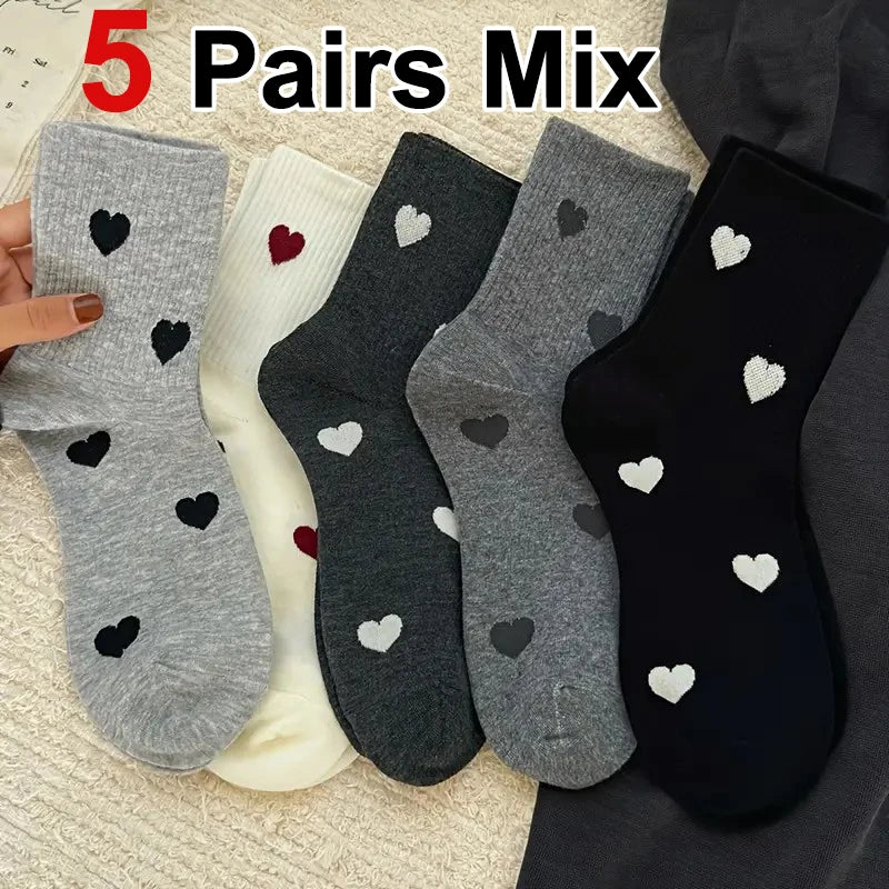 5/10 Pairs Women Heart-Shaped Pattern Middle Tube Socks Fashionable Printing Soft Comfortable Sweat Absorbing Breathable Socks - Matrix Studios