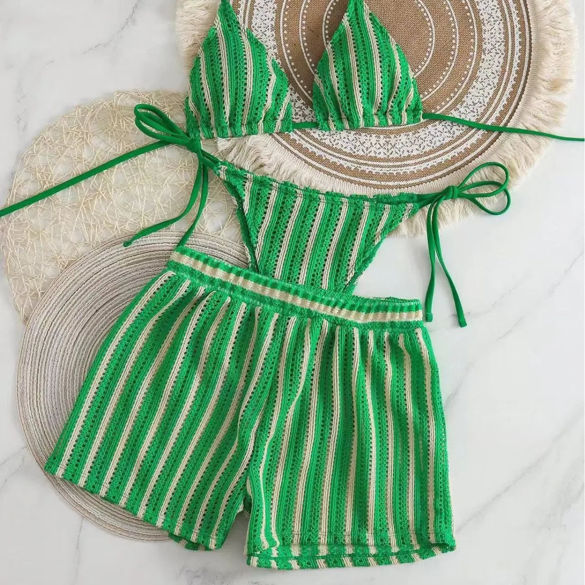 2026 new style boxer shorts mesh three-piece women's swimsuit neck lace-up bikini set - Matrix-studios.com