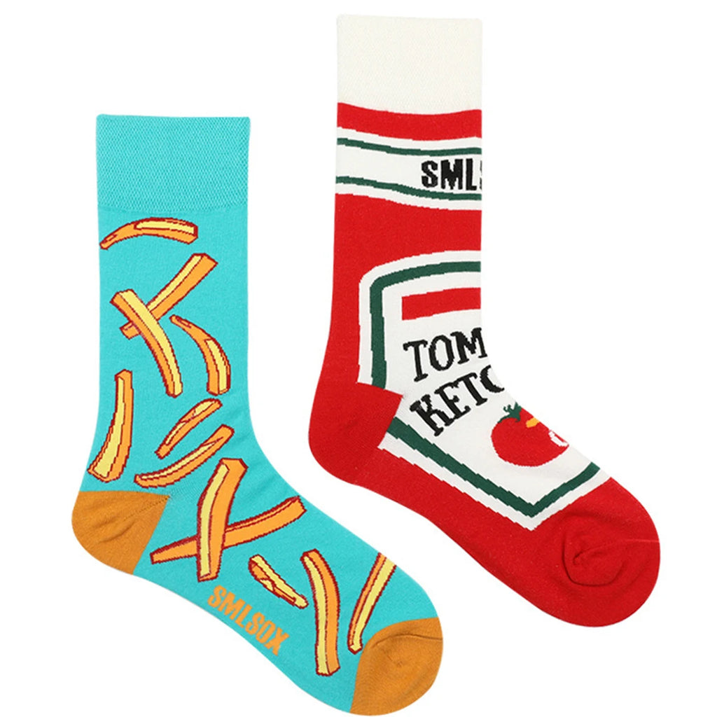 1 Pair Unisex Funny AB Style Tomato Ketchup French Fry Printed Mid-Calf Socks Suit In All Seasons - Matrix Studios