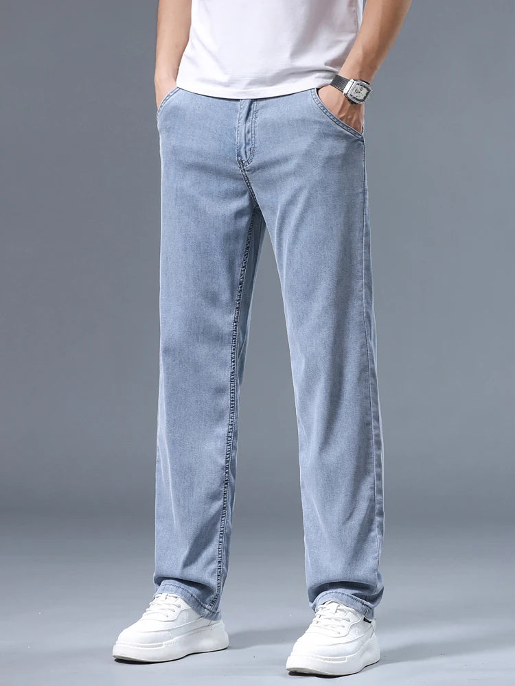 Summer Ultra-thin Men's Jeans Lyocell Soft Breathable Loose Straight Light Blue Denim Pants Business Casual Ice Silk Trousers - Matrix Studios